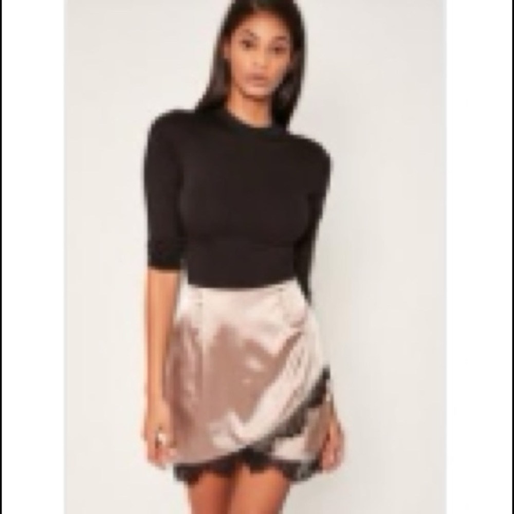 Asymmetric Satin Lace Trim mini Skirt